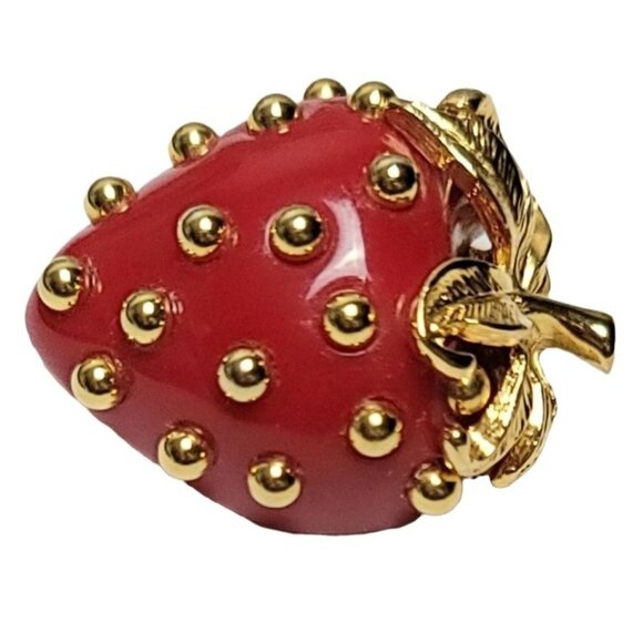 Kenneth Jay Lane Vintage Red Lucite Gold Tone Ballotini Strawberry Brooch Signed - Picture 5 of 9